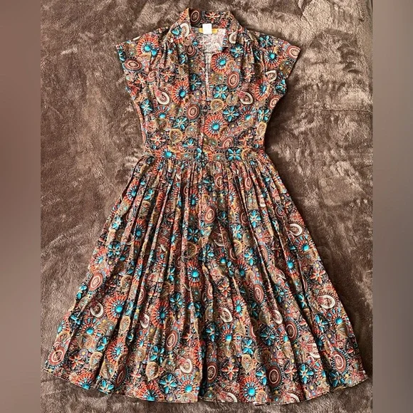 SOLD | Bernie Dexter Kelly Dress Heritage Print Pinup 50s Jewel Tone SMALL - Picture 4 of 13